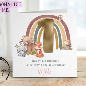 Cartão de aniversário personalizado para filha - Cartão de felicitações de arco-íris de animais da floresta Nome/Idade 1-10- 1º, 2º, 3º, 4º, 5º, 6º, 7º, 8º, 9º