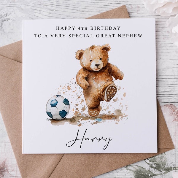 Personalised Great Nephew Birthday Card - Cute Bear with Football Age & Name Medium or Large card for him 1st 2nd 3rd 4th 5th 6th