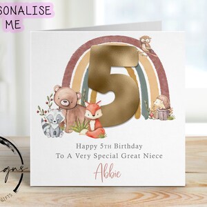 Cartão de aniversário personalizado para sobrinha-neta - Cartão de felicitações com arco-íris de animais da floresta Nome/Idade 1-10, 1º, 2º, 3º, 4º, 5º, 6º, 7º, 8º, 9º