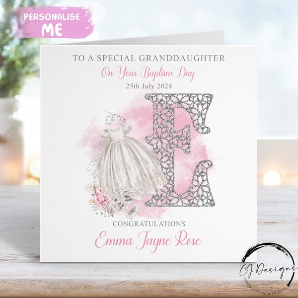 Personalised Granddaughter Baptism Card, Initial Name and Date Greeting Card, Baptism Day Keepsake