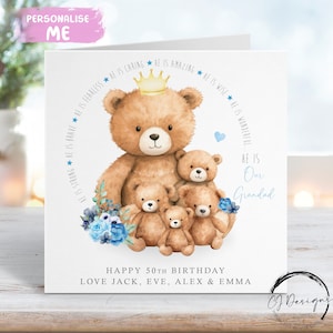 Tarjeta de cumpleaños personalizada para abuelo osito de peluche de hasta 5 niños (papá y bebé osito) - Cualquier texto (30, 40, 50, 60, 70, 80, 90)