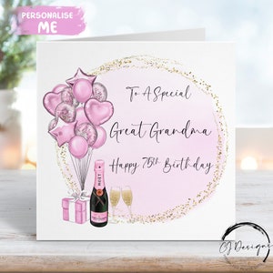 Biglietto di auguri di compleanno personalizzato per bisnonna con palloncini a tema rosa e oro, qualsiasi età: 40°, 50°, 60°, 70°, 80°, 90°, 100°, 65°, 75°, 85°, 90°, 100°