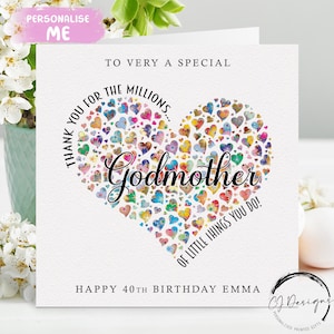Carte d'anniversaire personnalisée pour votre marraine, Merci pour des millions de choses, coeur - tout âge 30e 40e 45e 50e, 60e, 65e, 70e, 80e 85e