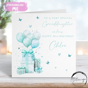 Carte d'anniversaire personnalisée belle-fille bleu sarcelle/bleu/vert Cadeaux et ballons design N'importe quel âge/nom 18ème 21ème 25ème 30ème 40ème 40ème 50ème 60ème