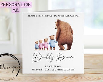 May include: A white greeting card with a watercolor illustration of a bear and three smaller bears. The card reads "Happy Birthday to our Amazing Daddy Bear" with names below. The card is personalized.