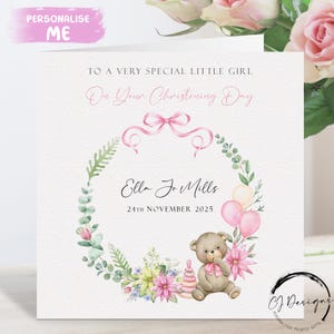 Biglietto di auguri personalizzato per il battesimo di una bambina, orsetto con cornice floreale rosa/verde, nome e data, ricordo del giorno del battesimo