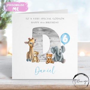 Cartão de aniversário personalizado para afilhado Safari Inicial - Nome e qualquer idade - para ele 1º 2º 3º 4º 5º 6º 7º 8º 9º 10º