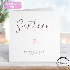 Carte d'anniversaire personnalisée pour 16 ans - Carte de voeux calligraphique imprimée rose et grise pour tous les âges 18, 21, 30, 40 ans, 50 ans, 60 ans, 70 ans, 80 ans, 90 ans,