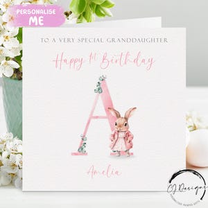 Cartão de aniversário personalizado para afilhada, nome inicial/data, alfabeto de coelho rosa, qualquer idade, 1º, 2º, 3º, 4º, 5º, 6º, 7º, 8º, cartão de lembrança
