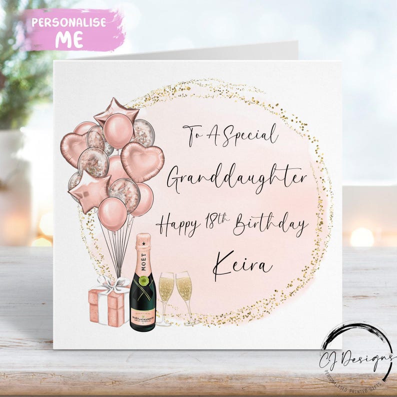 Personalised Granddaughter birthday card in rose gold and gold theme