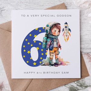 Personalisierte Astronaut Patenkind Geburtstagskarte Jungen Weltraum Thema Karte Cusomized mit Name & jedem Alter 1., 2., 3., 4., 5., 6., 7. 8