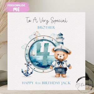 Personalisierte Bruder Geburtstagskarte Teddy Bär Sailor Nautical Theme Name & Alter - JEDES Alter 1