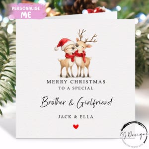 Gepersonaliseerde kerstkaart voor broer en vriendin - kaart liefdevol rendierpaar en rood hart