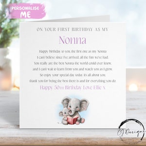 Carte d'anniversaire personnalisée Nonna - éléphant premier anniversaire comme mon poème - Prénom N'IMPORTE QUELLE LORSQUE 1er 45e 50e 60e 65e 70e 80e 90e 85e 100e