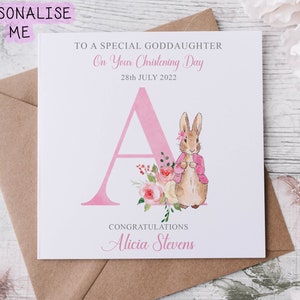 Personalisierte Peter Rabbit Patentochter Taufkarte, Anfangsname und Datum Grußkarte, Tauftag Andenken Mädchen Flopsie