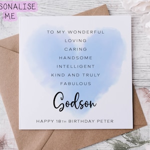 Tarjeta de cumpleaños personalizada para ahijado, tarjeta de cumpleaños con afirmación de corazón azul, tarjeta para él (16, 21, 30, 40, 50 años), cualquier edad y nombre.