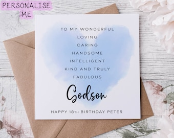 Personalised Godson Birthday Card, Blue Heart Affirmation Birthday Card, Age Card For Him 16th, 21st, 30th, 40th,50th, Any Age & Name