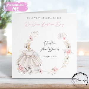 Tarjeta de bautismo personalizada para hermana, corona floral, tarjeta de felicitación con nombre y fecha, recuerdo del día del bautismo para ella.