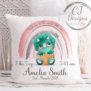 Cojín de dinosaurio personalizado, bonito regalo de nacimiento de bebé, recuerdo, funda de cojín de lona blanca, rosa o verde