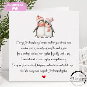 Carte de Noël poème fiancé ou fiancée - carte couple pingouin et coeur rouge