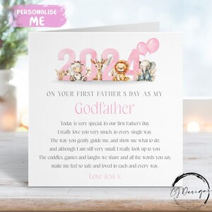 Carte personnalisée fête des pères parrain - couleur rose thème jungle première fête des pères comme poème de mon parrain - nom n'importe quel libellé 1ère fête des pères