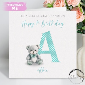 Cartão de aniversário personalizado para neto, nome inicial e idade, cartão de felicitações do Urso Verde, 1º, 2º, 3º, 4º, 5º, 6º, 7º, 8º e 9º, lembrança para qualquer idade