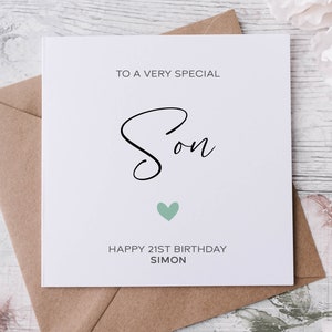 Carte d'anniversaire de fils personnalisée avec coeur vert, carte pour lui de tous âges et de tous les noms 18ème 21ème 30ème 40ème 50ème 60ème moyenne ou grande