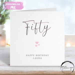 Carte d'anniversaire personnalisée pour les 50 ans - Carte de voeux calligraphique imprimée rose et grise pour tous les âges 16, 18, 30, 21 ans, 40 ans, 60 ans, 70 ans, 80 ans, 90 ans,