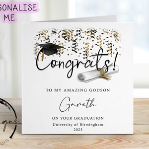 Tarjeta de graduación personalizada para ahijado (con birrete y pergamino), nombre y tarjeta universitaria. Para mí/para nuestro. Tema dorado. ¡Felicidades, ahijado/a!