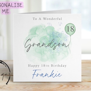 Biglietto di auguri di compleanno personalizzato per nipote - Design verde/blu con palloncino verde - Biglietto per lui, qualsiasi età e nome - 16°, 18°, 30°, 40°, 50°, 60°