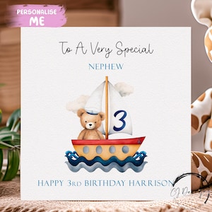 Cartão de aniversário personalizado para sobrinho, ursinho de pelúcia, marinheiro com tema de barco, nome e idade - para ele, QUALQUER IDADE 1º 2º 3º 4º 5º 6º 7º 8º 9º 10º