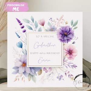 Tarjeta de cumpleaños personalizada para madrina con marco de flores rosa, violeta y azul. Para cualquier edad: 30, 40, 45, 50, 55, 60, 65, 70, 75, 80, 85 y 90 años.