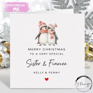 Tarjeta de Navidad personalizada para hermana y prometida - Tarjeta de pingüinos de pareja femenina y corazón rojo
