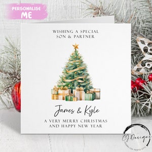 Personalisierte Sohn & Partner Weihnachtskarte Grün und Gold Thema Bäume und Geschenke Paarkarte