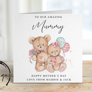 Carte personnalisée fête des mères maman de 2 enfants - Ours mignon avec fleurs et cadeau - Carte pour elle, maman, maman, maman, maman, maman, maman