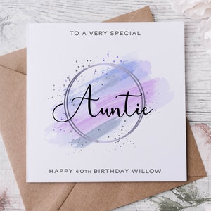 Cartão de aniversário personalizado para tia, parente especial, feliz aniversário, cartão de idade para ela 30º, 40º, 50º, 60º, 70º, 80º, tema roxo