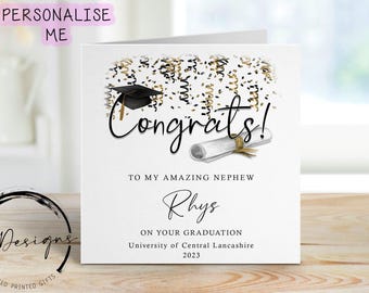 Tarjeta de graduación personalizada para sobrino (con birrete y pergamino), nombre y credencial universitaria, CUALQUIER AÑO.
