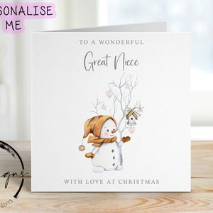 Merveilleuse merveilleuse petite nièce carte de Noël - joli bonhomme de neige et arbre avec un minimum de coeurs