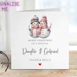 Carte de Noël personnalisée fille et petite amie - Carte bonhomme de neige couple femme et coeur rouge