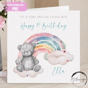 Cartão de aniversário personalizado para menino ursinho, ursinho de pelúcia fofo arco-íris qualquer idade e nome menino 1º 2º 3º 4º 5º 6º 7º 8º 9º 10º