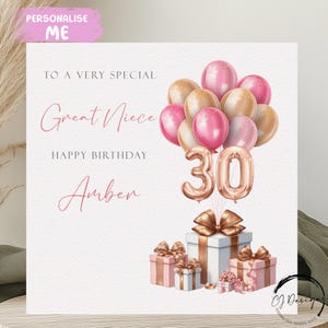 Carte d'anniversaire personnalisée petite nièce tout âge/nom rose et or rose ballons numéro 14, 15, 16, 18, 21, 25, 30, 35, 40, 50, 60, 60e