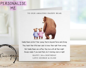 Personalised Daddy Bear Birthday Poem Card from TWINS or upto 4 Children -  Daddy and Baby Bear ANY VARIATION Card for Him  Name and Age