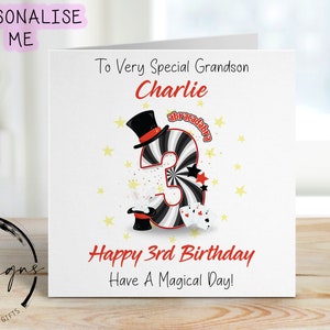 Tarjeta de cumpleaños personalizada para nietos - Tarjeta con temática mágica para edades de 1 a 9 años - Tarjeta de felicitación con nombre de mago 1.º, 2.º, 3.º, 4.º, 5.º, 6.º, 7.º, 8.º y 9.º