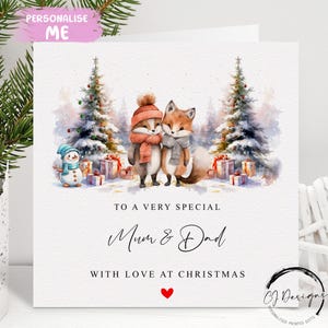 Mum & Dad Weihnachtskarte - Eltern Fuchs Paar Weihnachtsszene Karte und rotes Herz