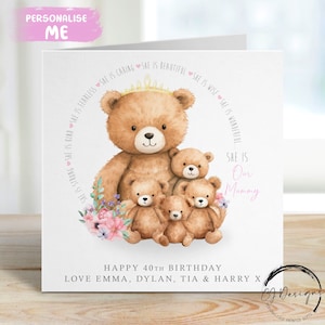 Personalised Mummy Bear Birthday Card from upto 5 Children  Mummy and Baby Bear - Any Wording 21st, 30th, 40th 50th 60th 70th 80th 90th