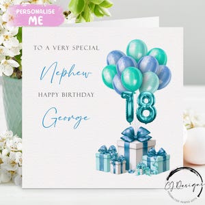 Carte d'anniversaire personnalisée neveu tout âge/nom - bleu/vert ballons âge 13-14-15 16-17 18 21 25 30 40 45 50