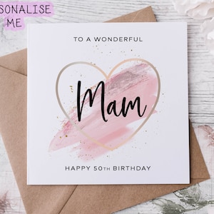 Gepersonaliseerde moeder verjaardagskaart met roze thema hart ontwerp leeftijdskaart voor haar 30e, 40e, 50e, 60e, 70e, 80e, 90e elke leeftijd
