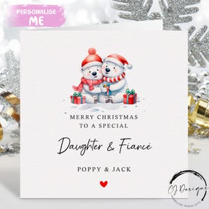 Carte de Noël personnalisée pour fille et fiancé - Carte pour couple ours polaire et coeur rouge