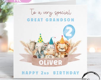 May include: A birthday card with a watercolor illustration of an elephant, cow, and lion wearing party hats. The card reads "To a very special Great Grandson" and "Happy 2nd Birthday". The name "Oliver" is also displayed.