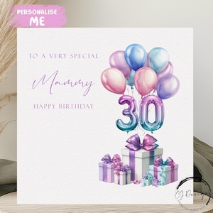 Carte d'anniversaire de maman personnalisée, tout âge, ballons multicolores pastel 21, 25 30 40 40 50 60 70 75 80 85 90 95